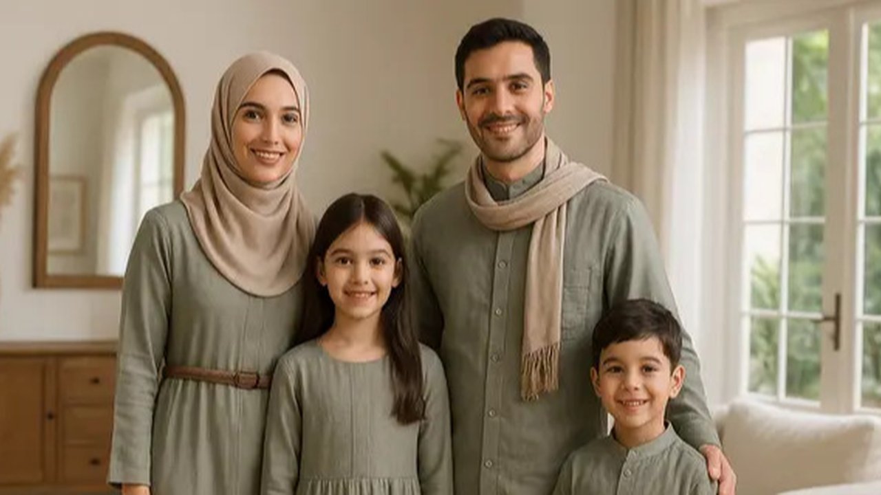 7 Ide Gamis Seragam Sekeluarga dengan 2 Anak, Kompak dan Elegan untuk Momen Spesial (sumber: AI)