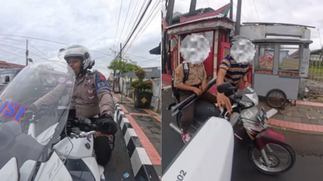Momen Polisi Bantu Pengendara Motor Pria Paruh Baya Usai Jemput Anak Sekolah yang Kehabisan Bensin dengan Cara Tak Biasa