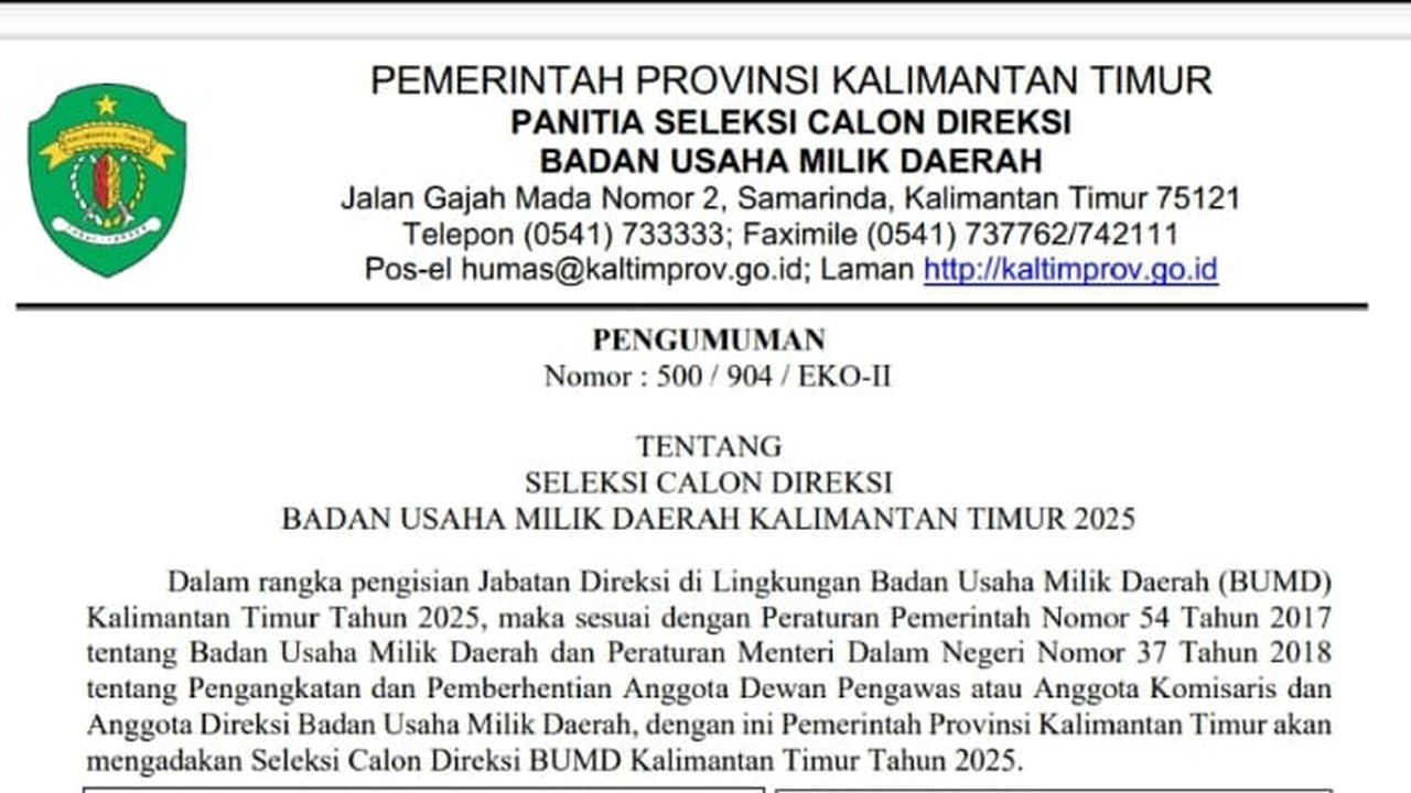 Pemprov Kaltim Resmi Buka Seleksi Direksi BUMD 2025