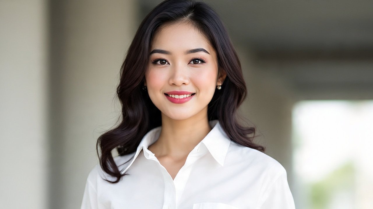 Perempuan mengenakan atasan putih dengan rok berwarna merah