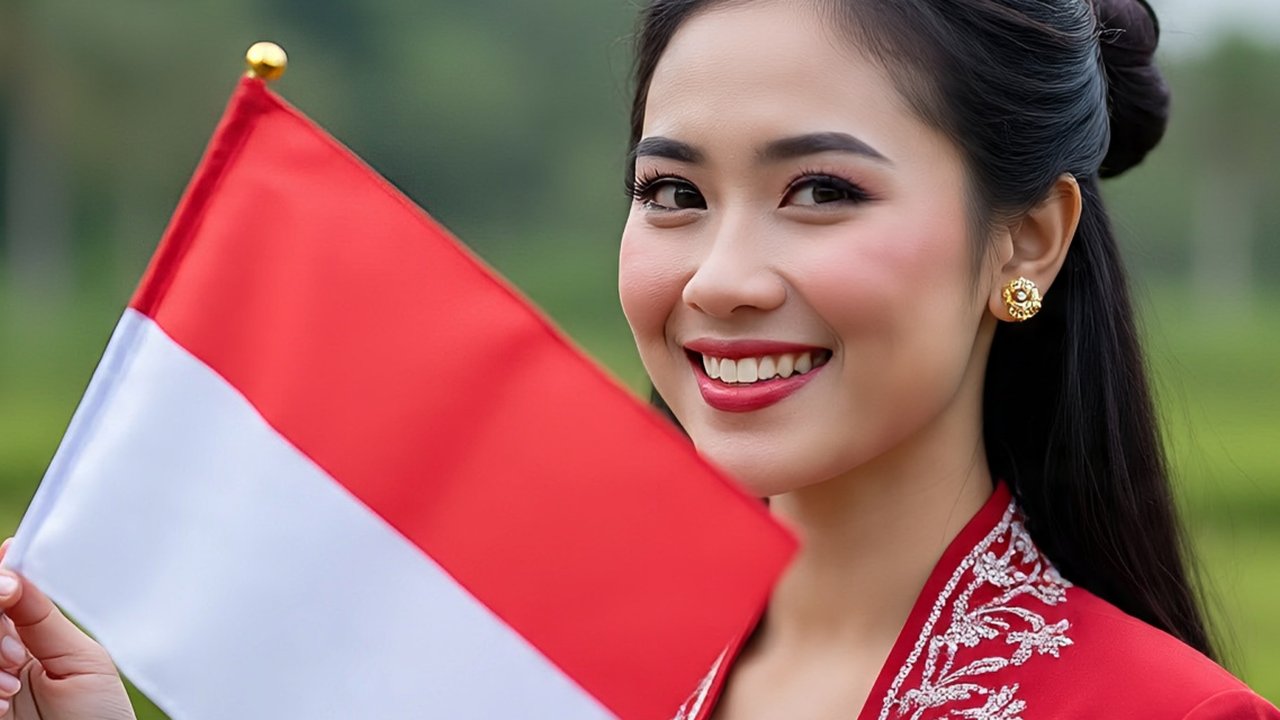 Ilustrasi perempuan Indonesia menggenggam bendera merah putih Indonesia