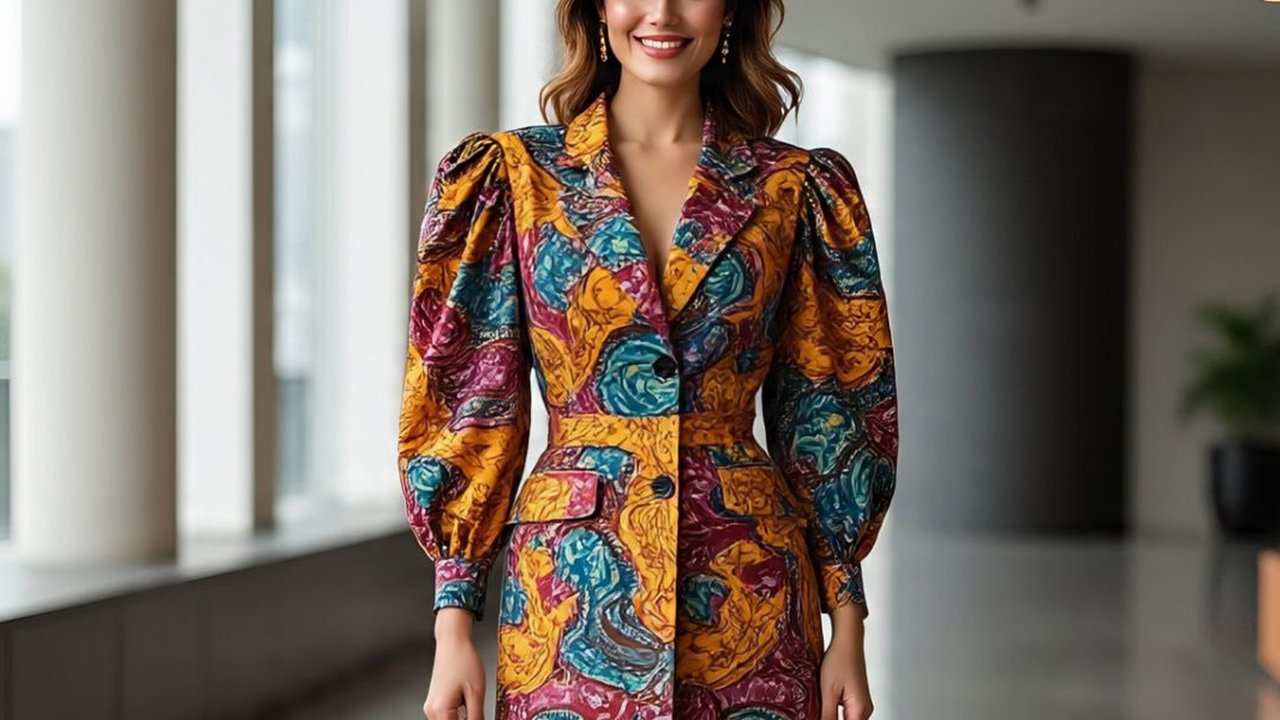 Ilustrasi Blazer Batik Lengan Puff Crop