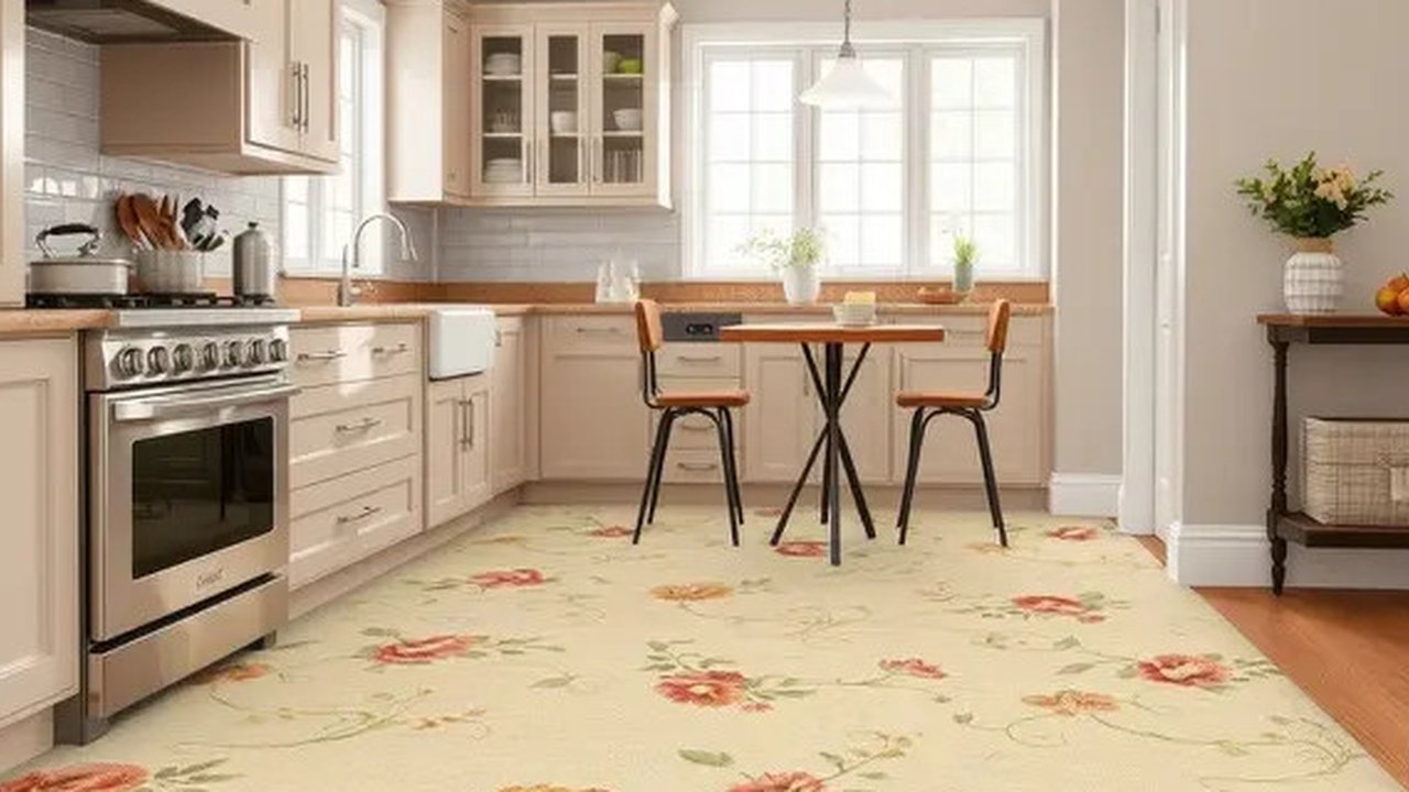 Desain dapur dengan tirai motif bunga. Ilustrasi QwenAI