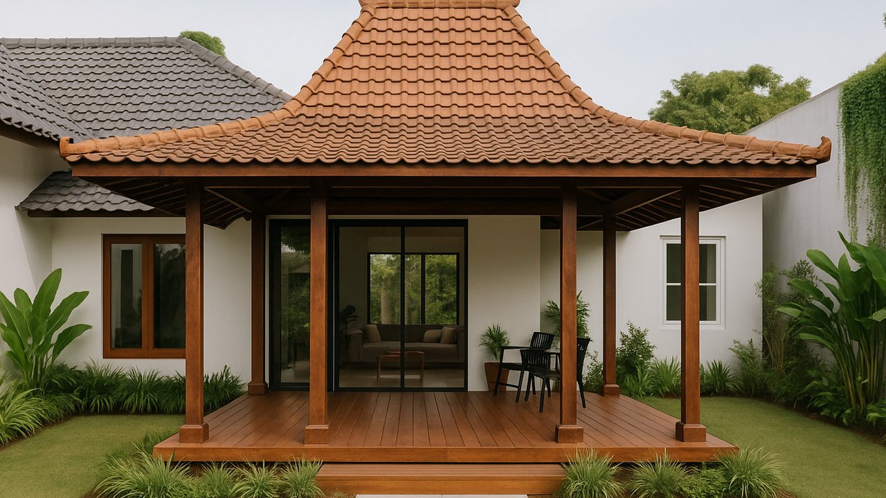 <p>Model Teras Rumah Joglo Modern Model Semi Tertutup dengan Dek Kayu</p>