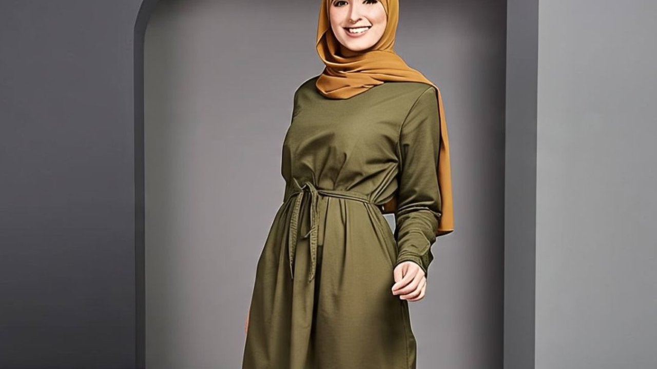 Ilustrasi Gamis Army dan Jilbab Mustard