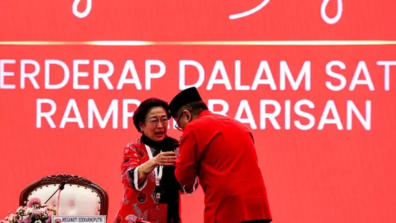 Ketua Umum PDI Perjuangan Megawati Soekarnoputridan Sekretaris Jenderal Hasto Kristiyanto didi Bali Nusa Dua Convention Center (BNDCC), Badung, Bali, Sabtu (2/8/2025) (Liputan6.com/Putu M