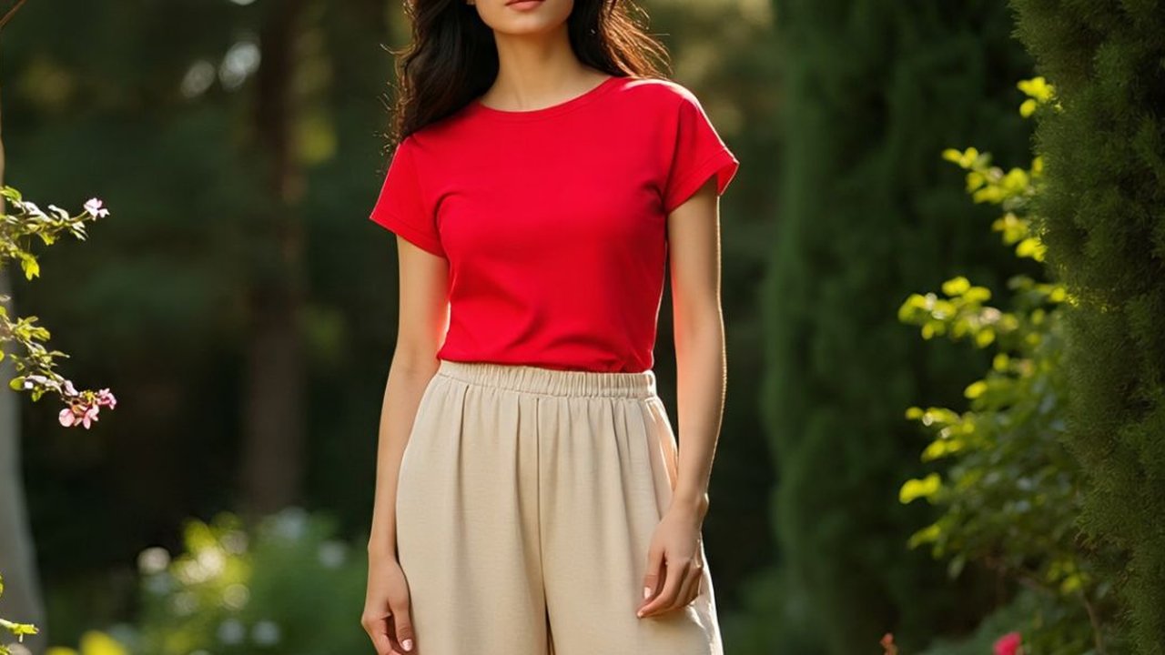 Ilustrasi Kaos Merah dengan Celana Beige