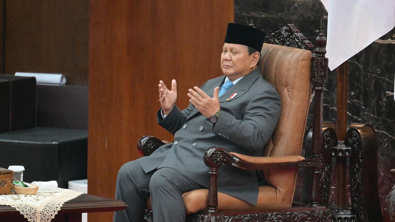 Presiden Indonesia Prabowo Subianto  saat mengikuti Sidang Tahunan MPR RI dan Sidang Bersama DPR-DPD RI Tahun 2025 di Gedung Nusantara, Kompleks Parlemen, Jakarta, Jumat (15/8/2025).