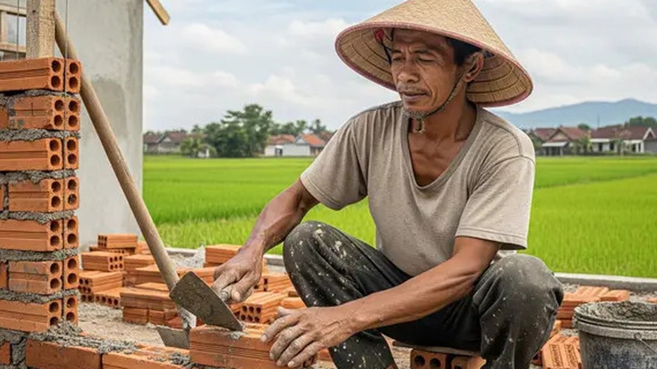 Ilustrasi tukang yang sedang mengerjakan pembangunan rumah kecil 1 kamar. Foto: Gemini