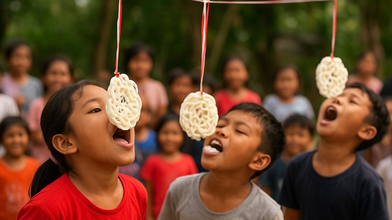 Ilustrasi anak di desa mengikuti lomba makan kerupuk
