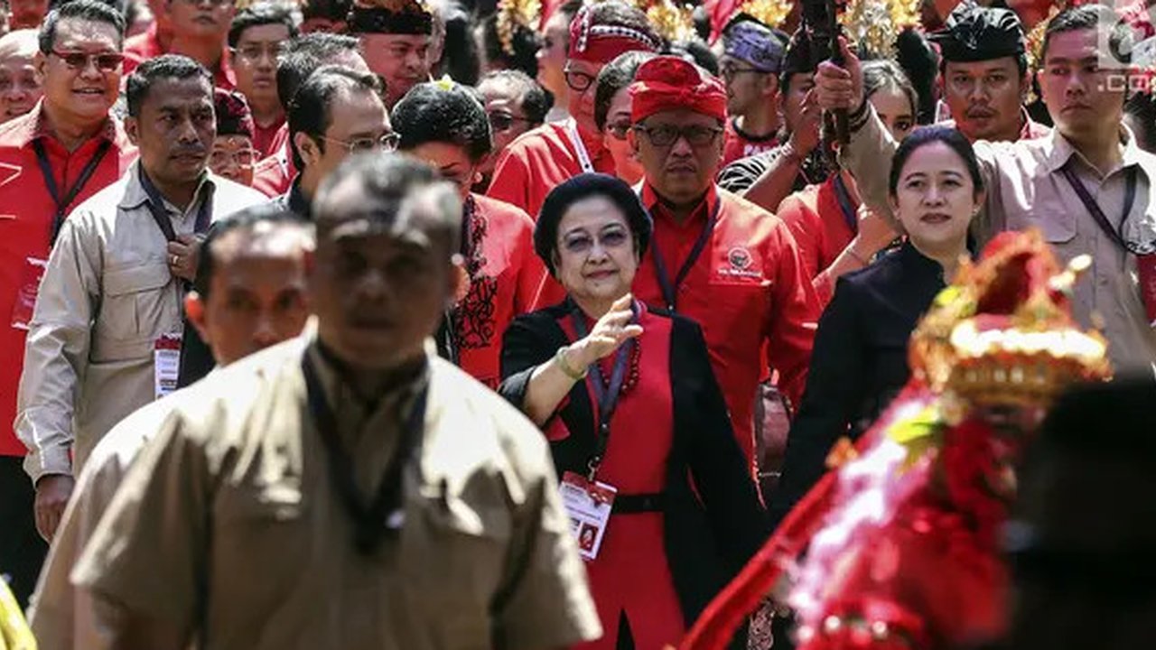 Ketua Umum PDI Perjuangan Megawati Soekarnoputridan Sekretaris Jenderal Hasto Kristiyanto didi Bali Nusa Dua Convention Center (BNDCC), Badung, Bali, Sabtu (2/8/2025) (Liputan6.com/Putu M