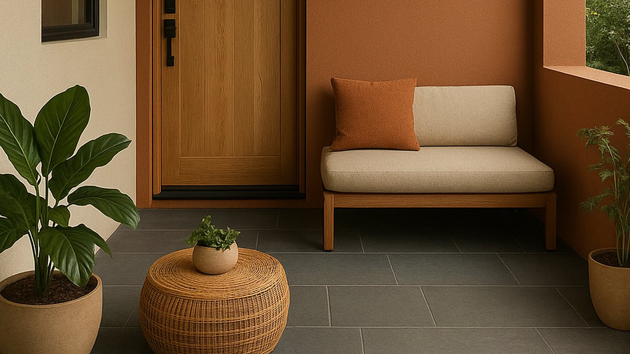 Teras rumah dominasi warna cinnamon slate
