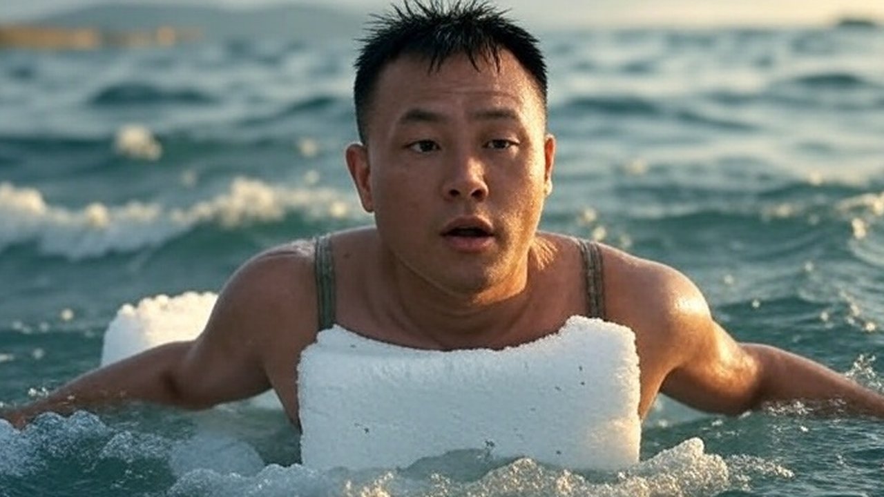 ilustrasi pria korut berenang pakai styrofoam