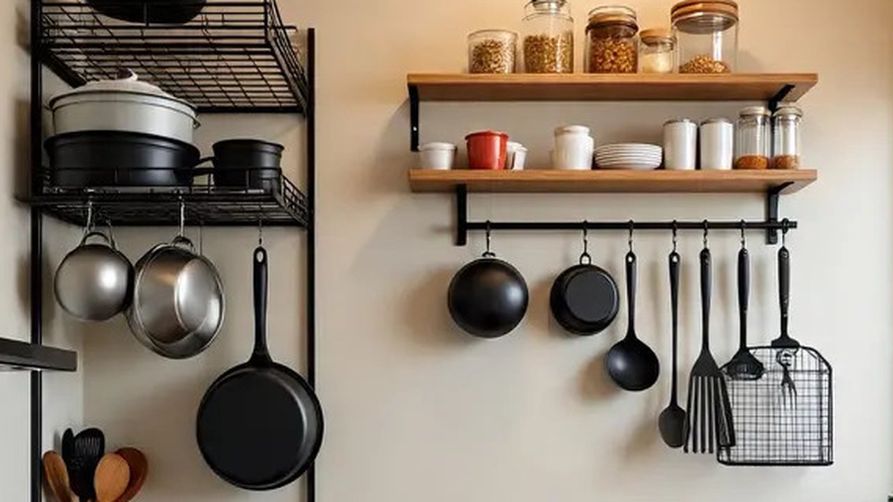 Dapur Rumah Lahan Sempit Pakai Rak Besi Multifungsi (AI)