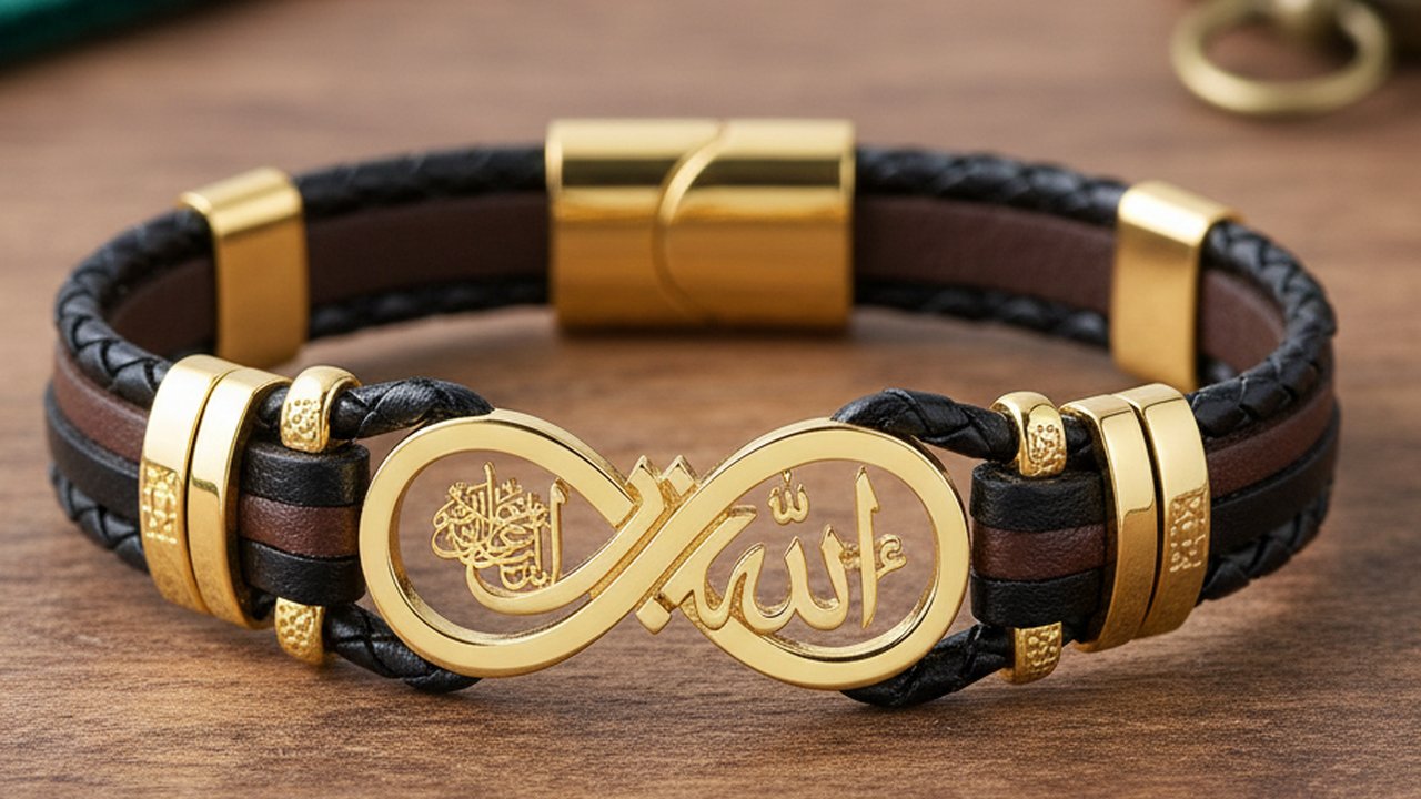 Gelang Kulit Kombinasi Emas Bernuansa Islami yang Elegan