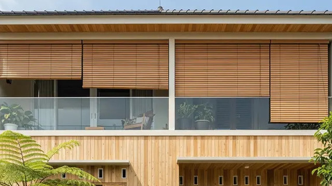 Inspirasi Rumah Kayu Minimalis Modern dengan Balkon Kaca. Gemini