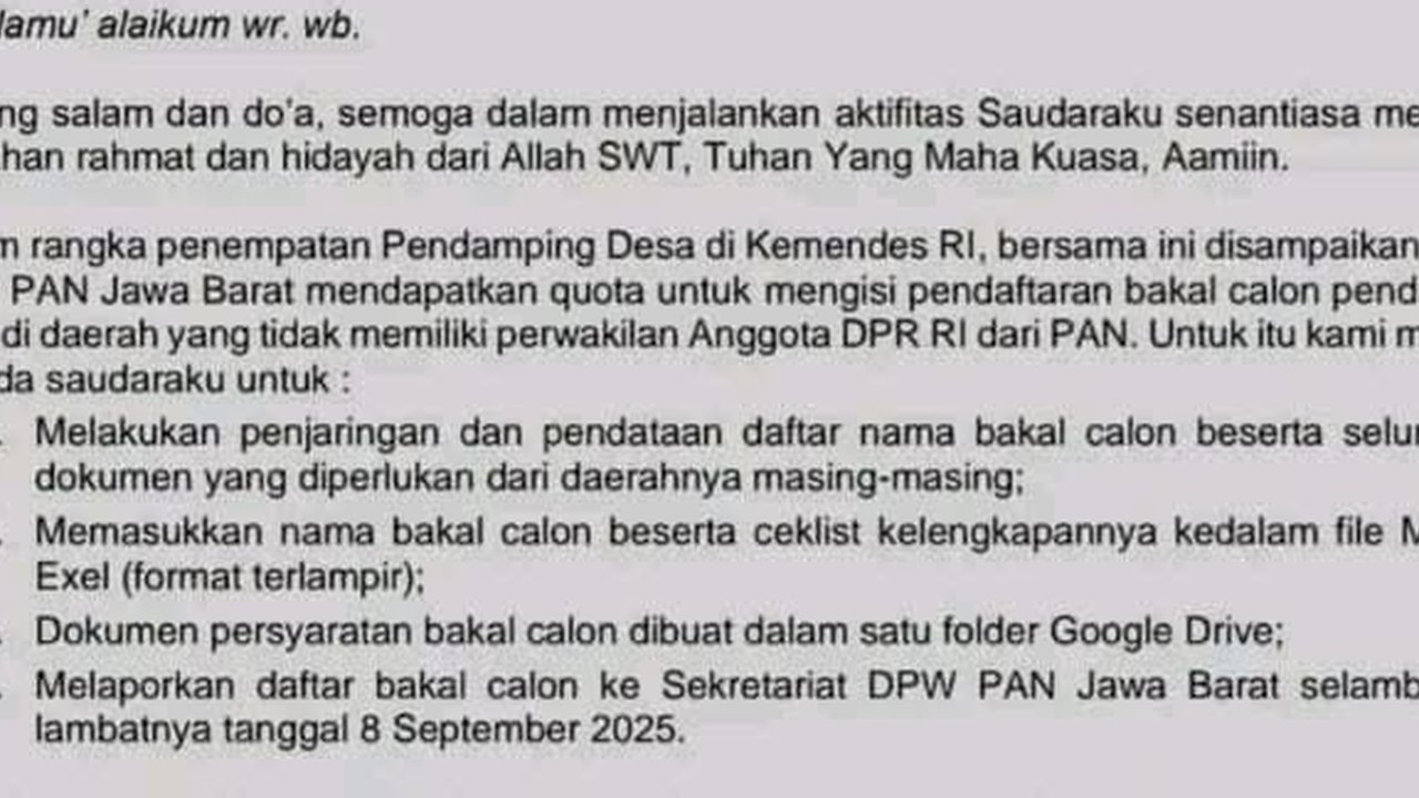 Beredar Surat Kuota Calon Pendamping Desa di Kemendes, Begini Bantahan DPW PAN Jabar