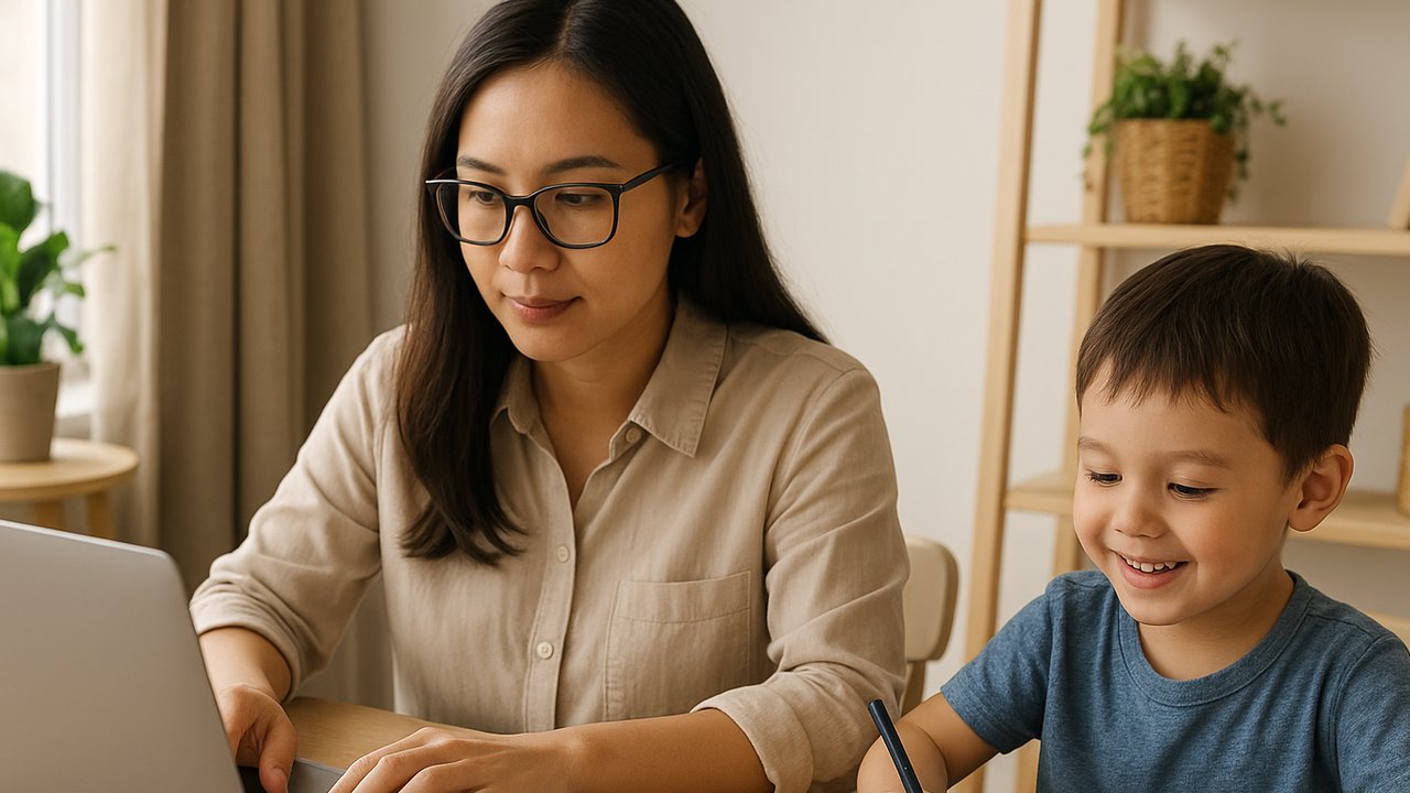 Ilustrasi ibu bekerja sambil mengasuh anak