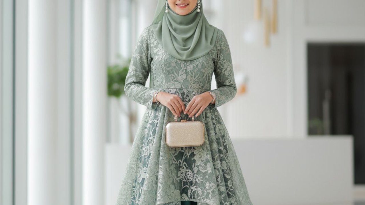 Ilustrasi Gamis Brokat Islami Warna Sage