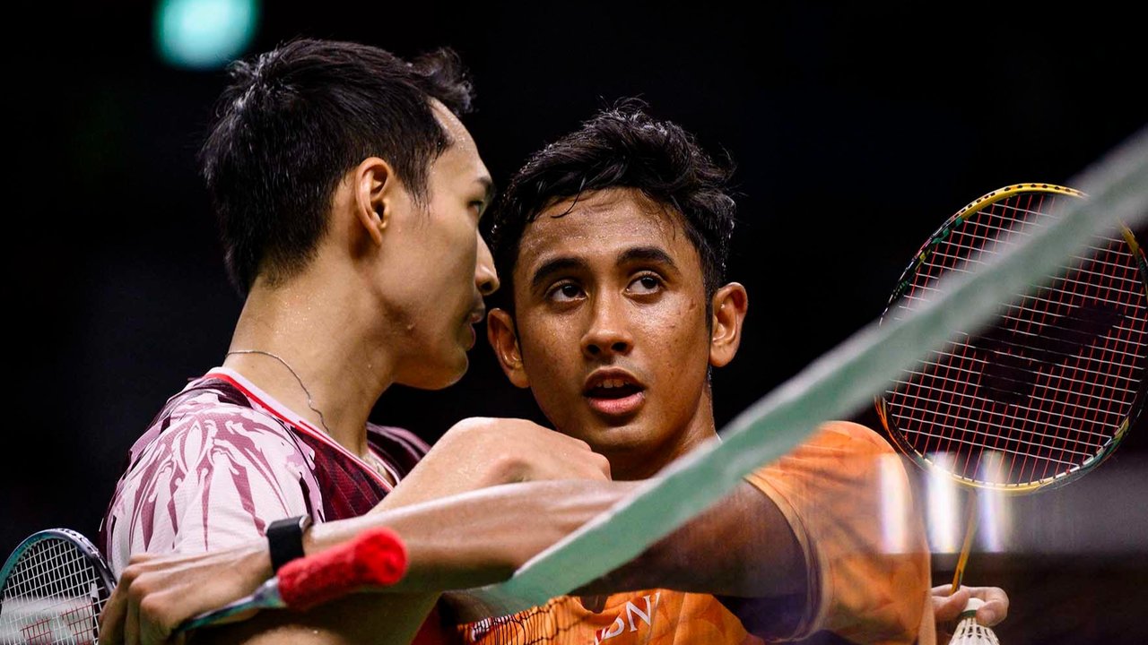 Jonatan Christie usai  pertandingan  melawan rekan senegaranya Alwi Farhan pada  semifinal tunggal putra di turnamen bulu tangkis Korea Open di Suwon, Korea Selatan, Sabtu (27/09/2025).