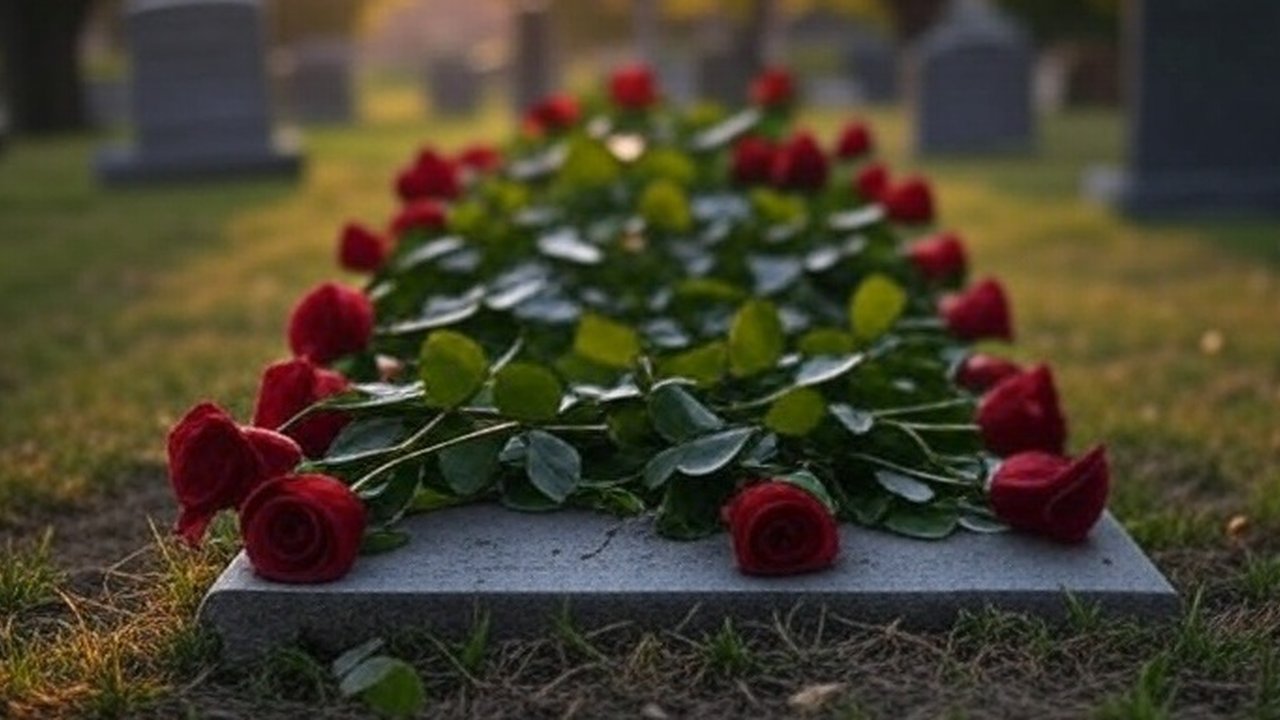 ilustrasi makam ditaburi bunga mawar