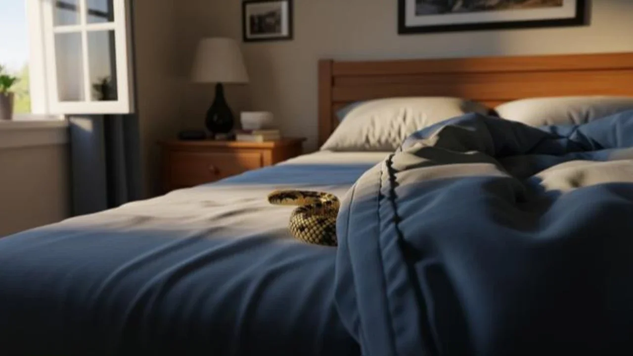 Ilustrasi seorang wanita mendapati ada ular piton di dadanya saat tidur. [Foto: Gemini]