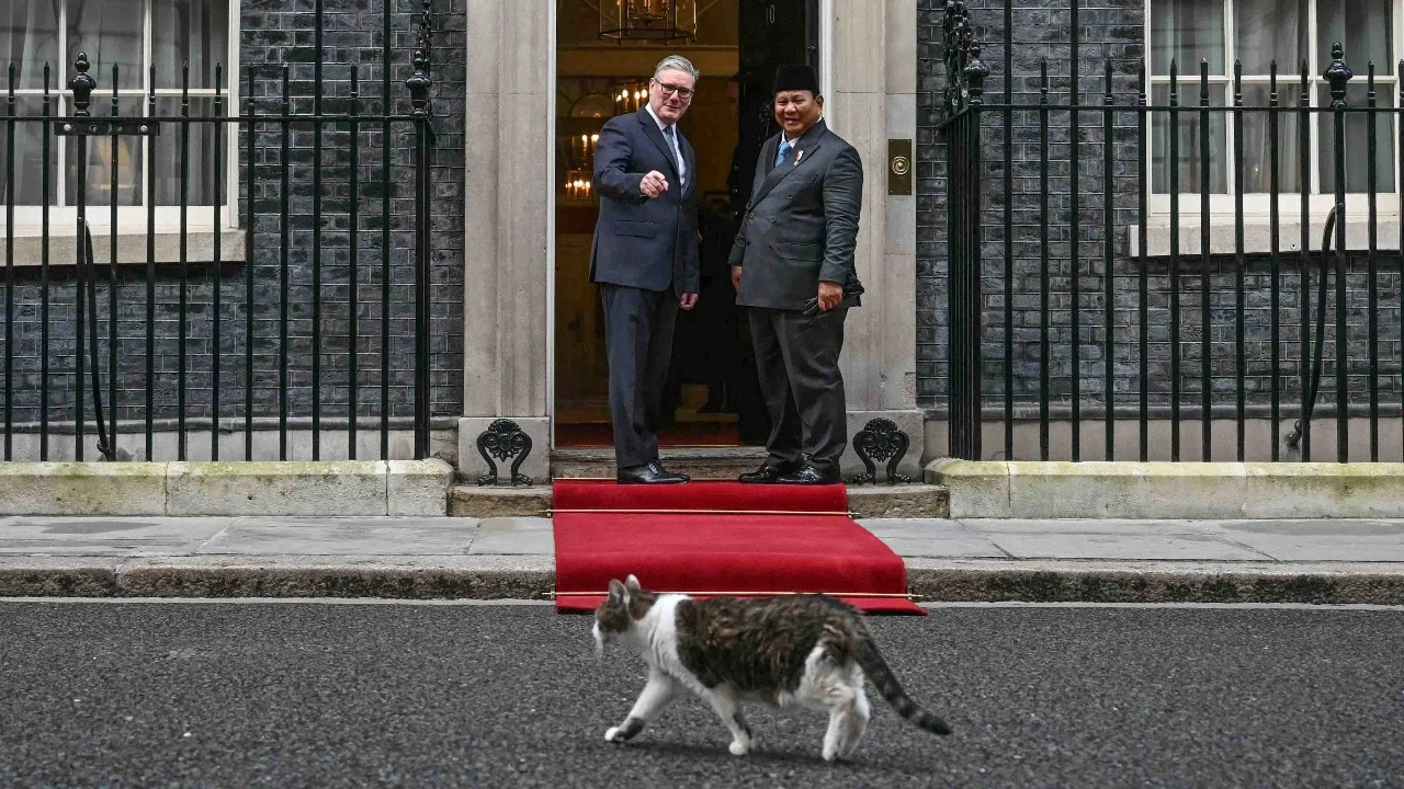 Perdana Menteri Inggris Keir Starmer menyambut Presiden Prabowo Subianto di 10 Downing Street saat Larry, kucing ikonik Kantor Kabinet Inggris, melintas di hadapan mereka, Selasa (20/01/2026).