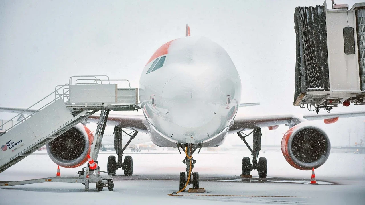 Sebuah pesawat dari maskapai penerbangan murah EasyJet yang tertutup salju selama hujan salju lebat di Bandara Orly, selatan Paris, Prancis, Rabu (07/01/2026).