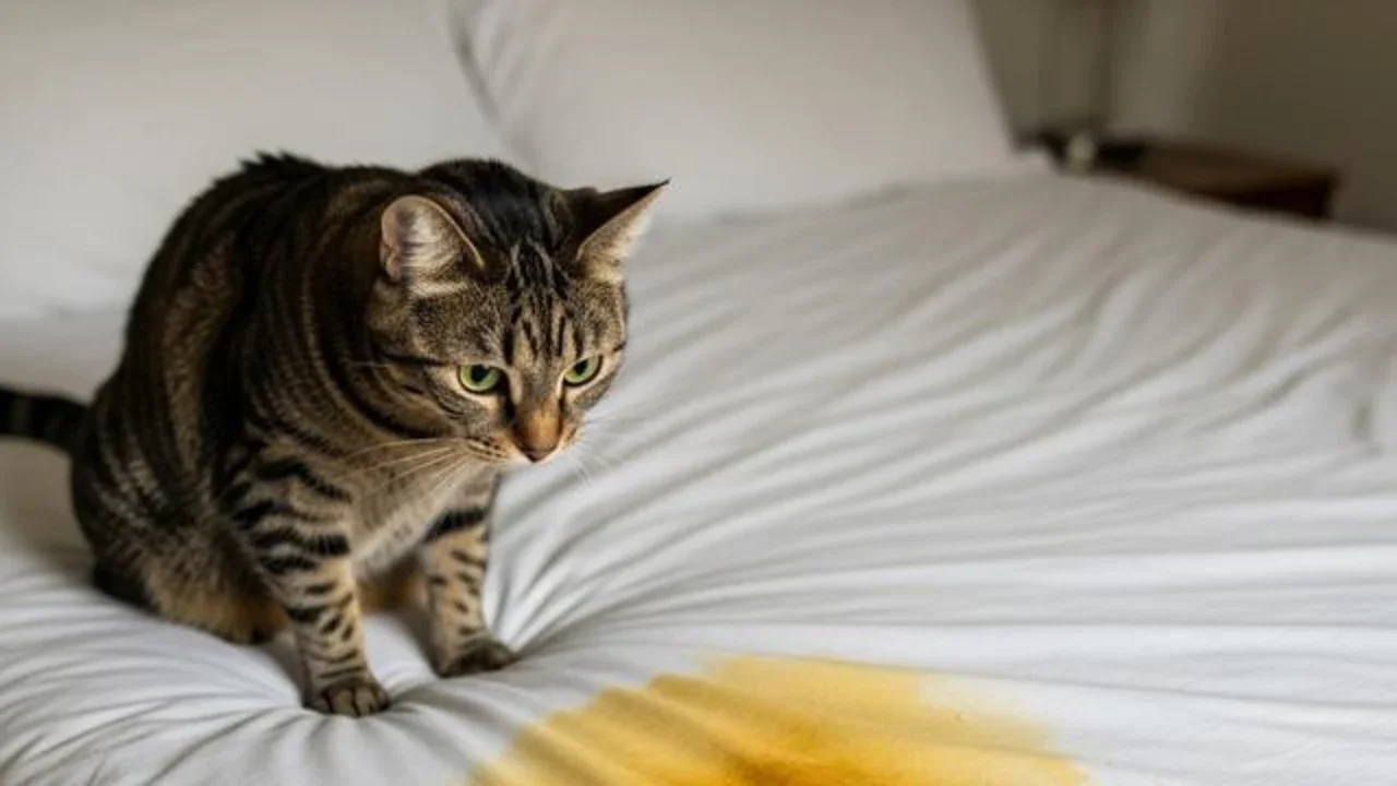 Ilustrasi kucing kencing di kasur (Ilustrasi: Gemini AI)