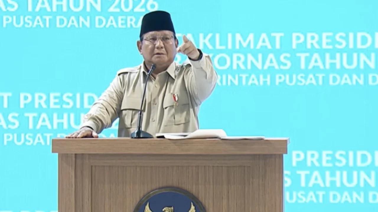 Presiden Prabowo Subianto saat acara Mujahadah Kubro 1 Abad NU. (Foto: tangkapan layar/Tira Santia)