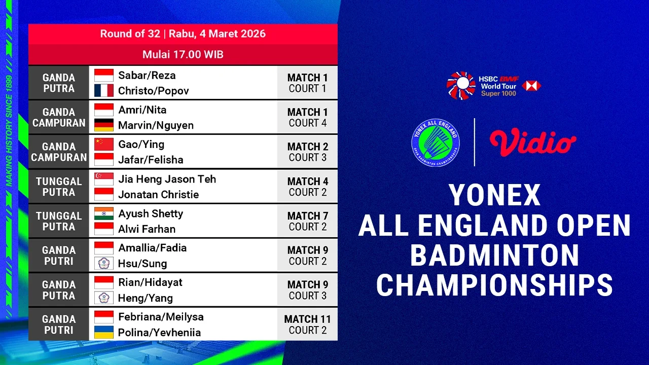 Nonton Live Streaming All England Open 2026 Round of 32, Eksklusif di Vidio