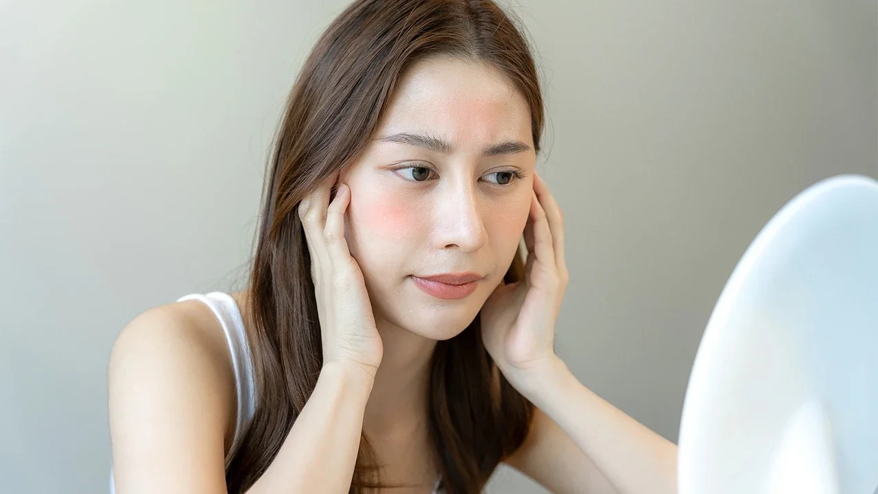 Seorang wanita cantik menghadapi masalah jerawat.