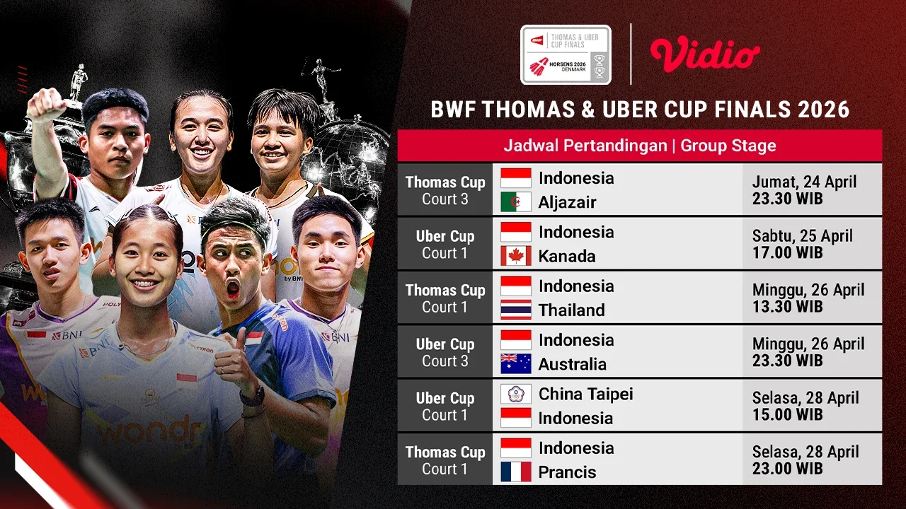 Jadwal Thomas & Uber Cup 2026 Fase Grup, Eksklusif di Vidio