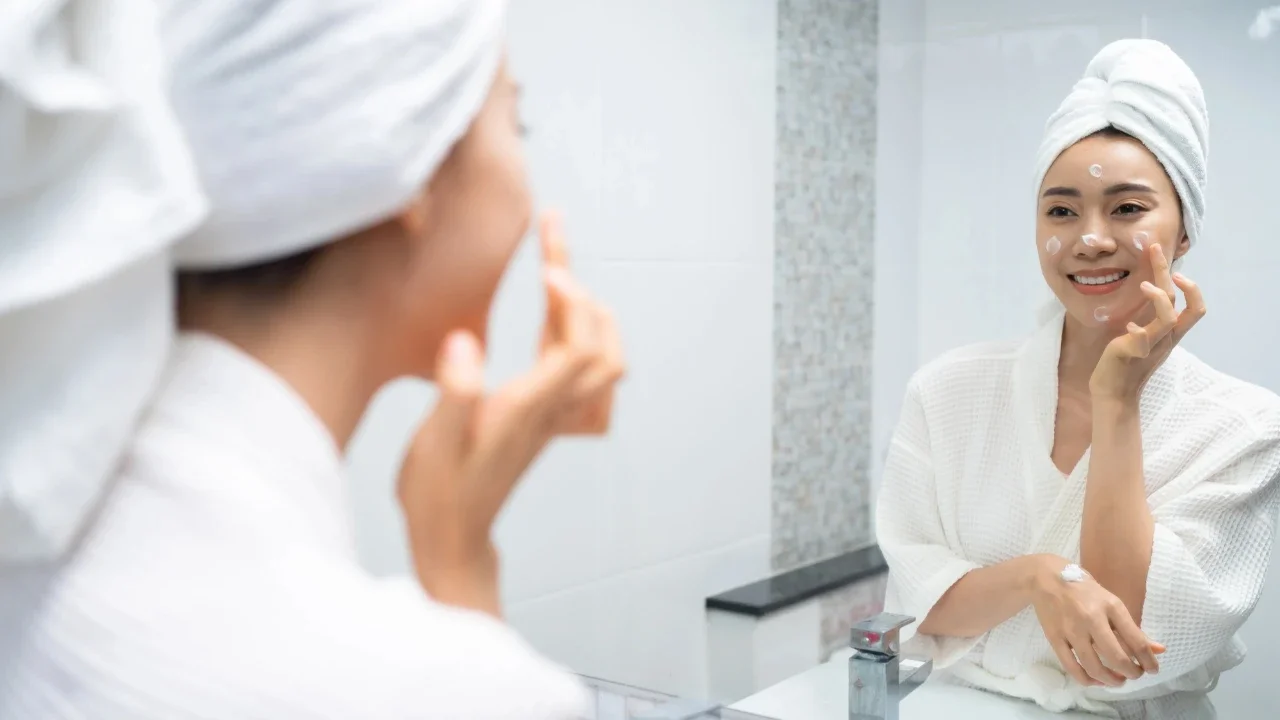 Ilustrasi perempuan sedang memakai skincare di wajahnya.