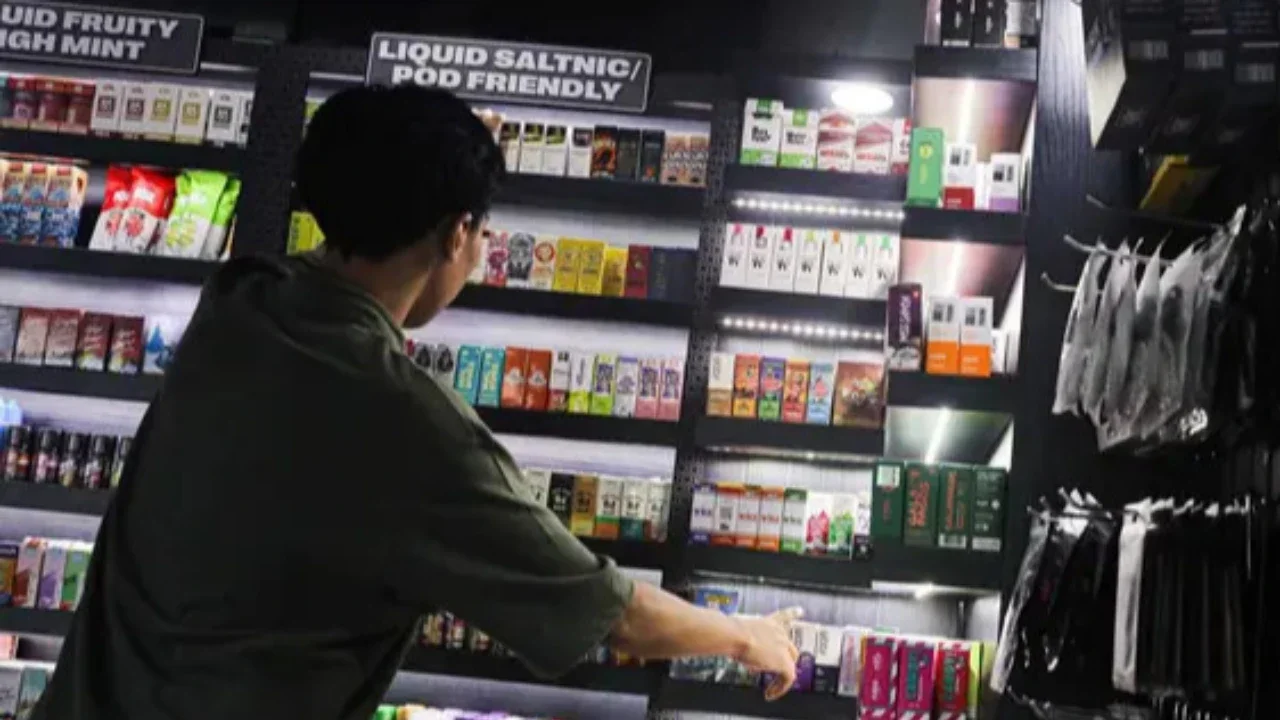 Seorang pria meneteskan cairan vape atau rokok elektronik di kawasan Bundaran HI, Jakarta, Selasa (12/11/2019). Pemerintah melalui BPOM mengusulkan pelarangan penggunaan rokok elektrik dan va
