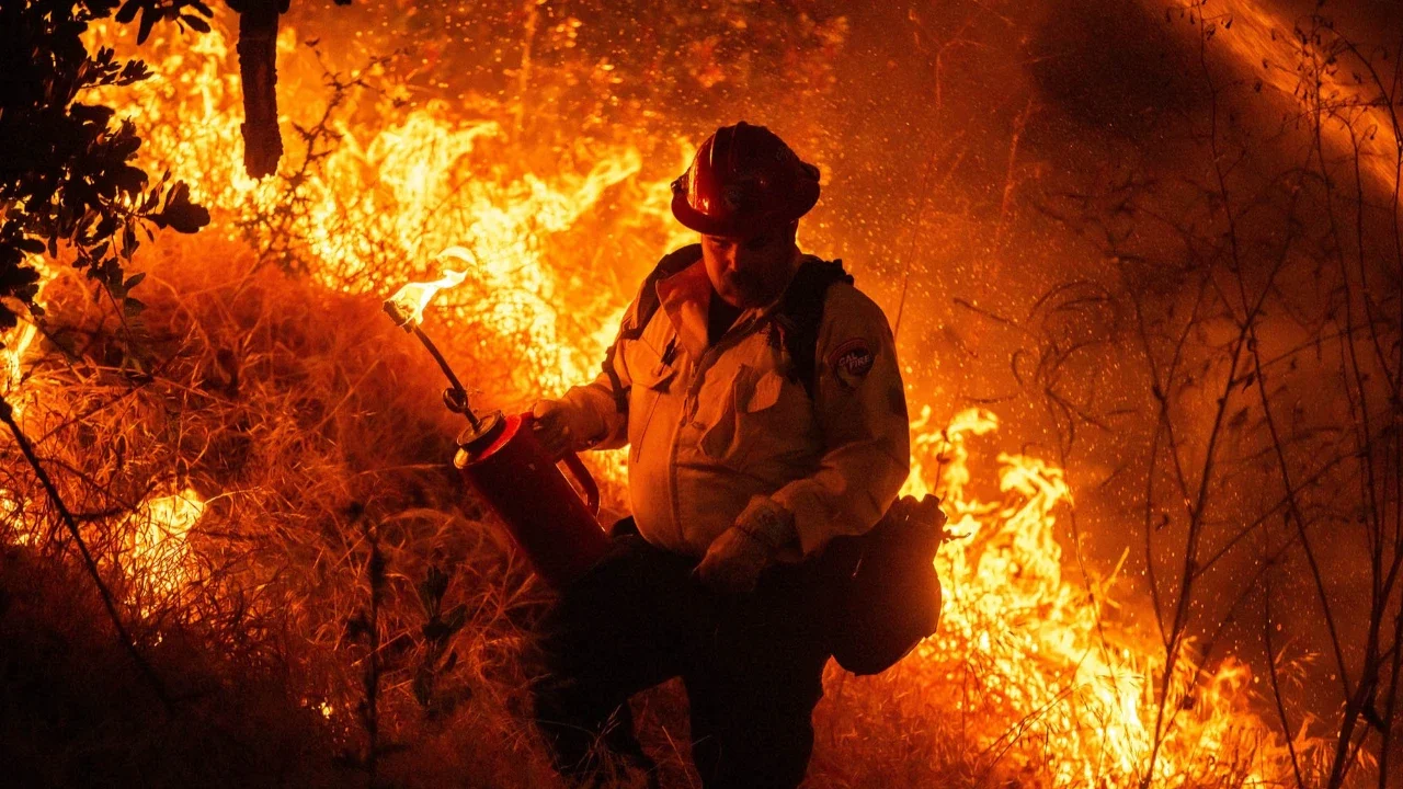 Petugas pemadam kebakaram berusaha memadamkan api pada  lokasi kebakaran hutan  di Simi Valley, California, Senin (18/05/2026) waktu setempat.