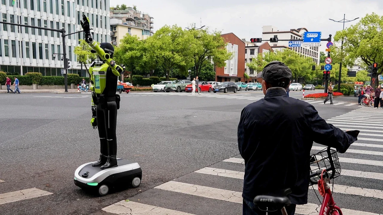 Orang-orang berjalan melewati robot polisi humanoid di Hangzhou, provinsi Zhejiang timur Tiongkok, Minggu (03/05/2026