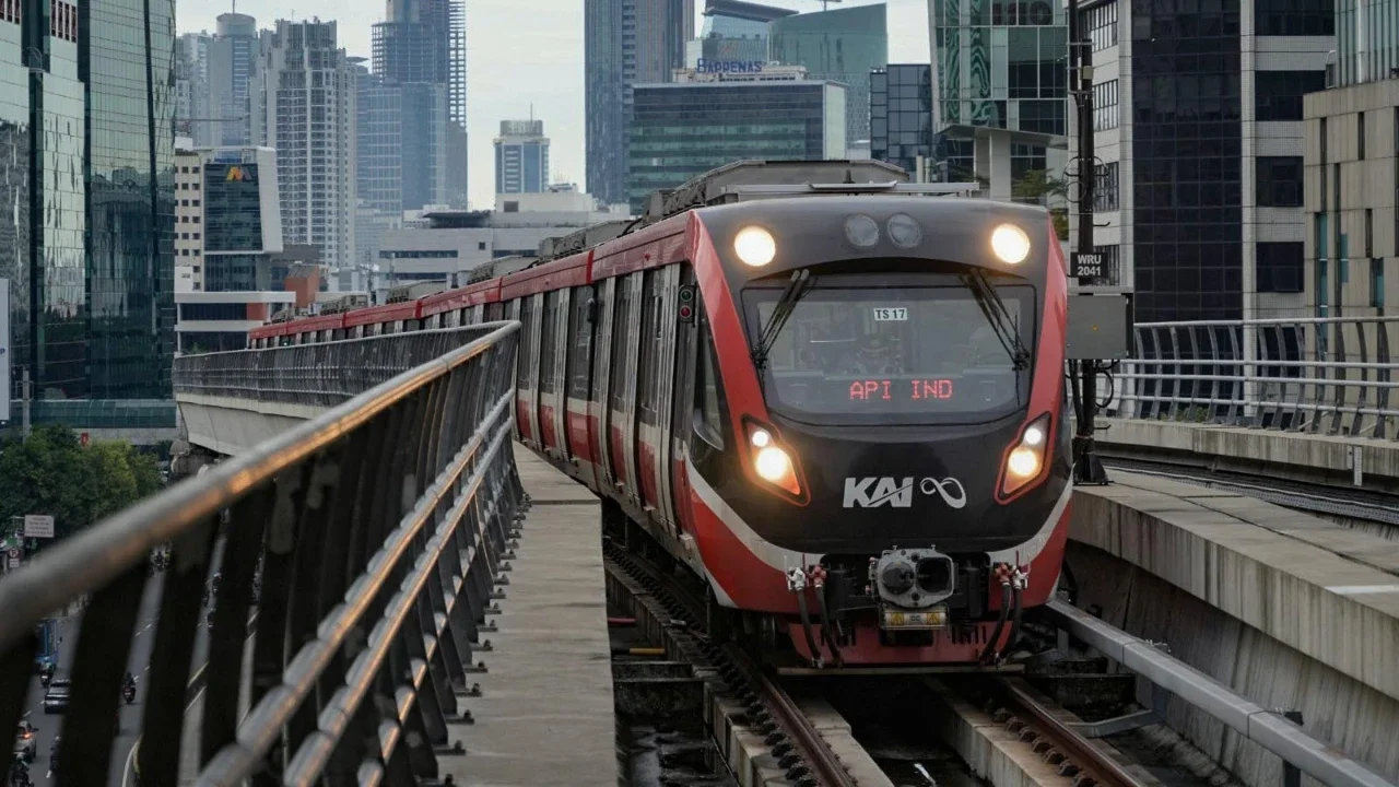 Rangkaian kereta LRT melintas di kawasan Satsiun Kuningan,  Jakarta, Minggu (14/06/2026).