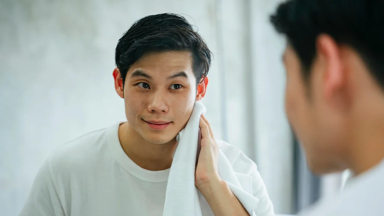 Seorang pria yang sedang melakukan grooming sedehana.