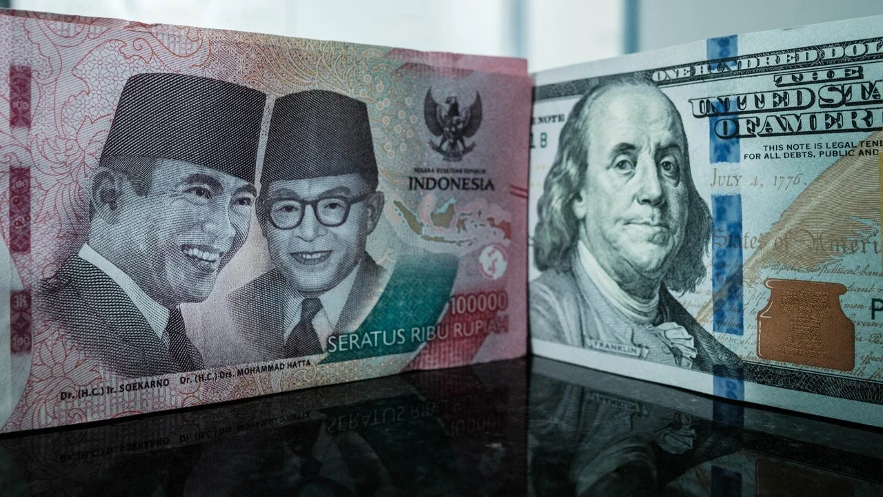 Uang kertas pecahan 100.000 rupiah Indonesia dipajang berdampingan dengan uang kertas pecahan 100 dolar AS di kantor penukaran mata uang di Jakarta,  Kamis (04/06/2026).