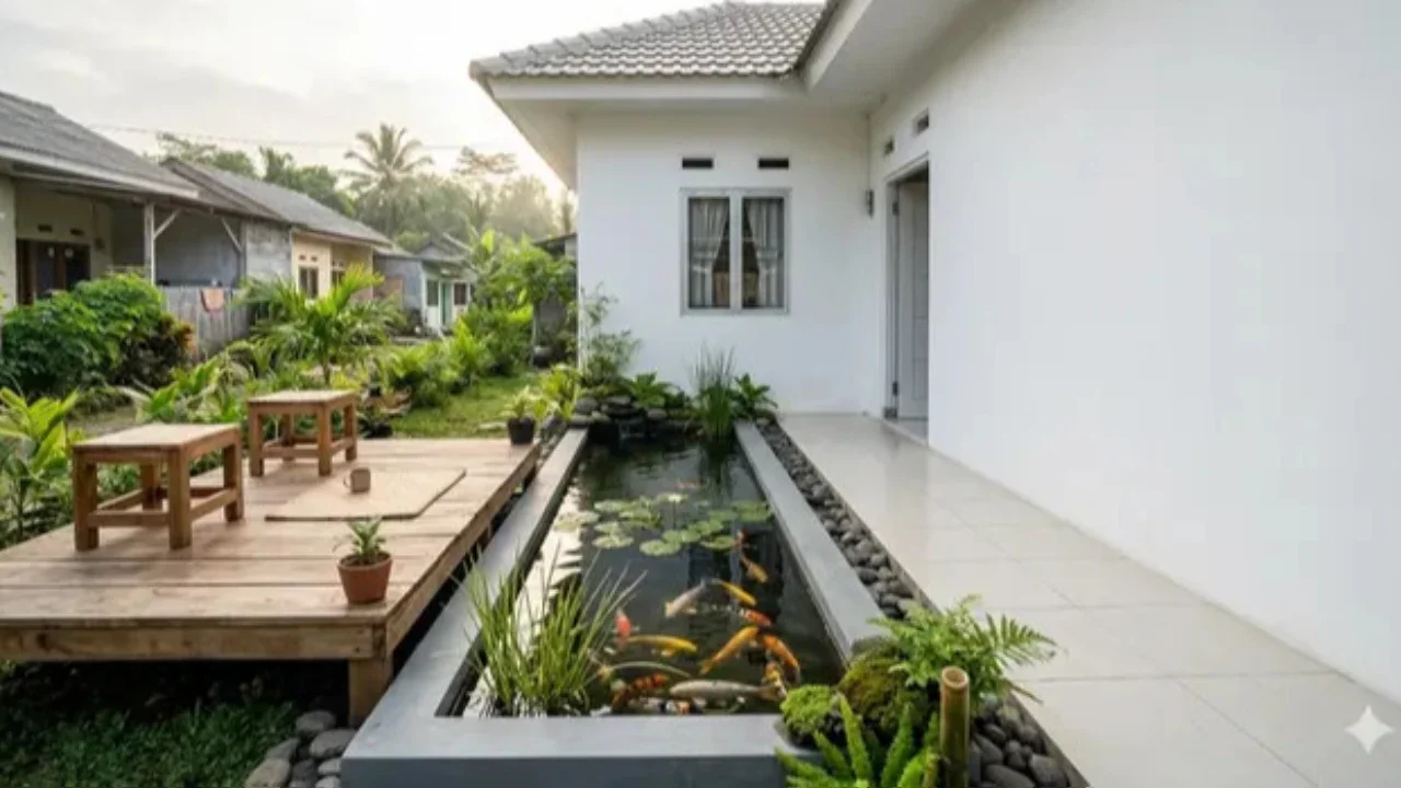 Inspirasi Model Kolam Ikan Memanjang di Samping Rumah Subsidi yang Menenangkan. Foto: Gemini AI