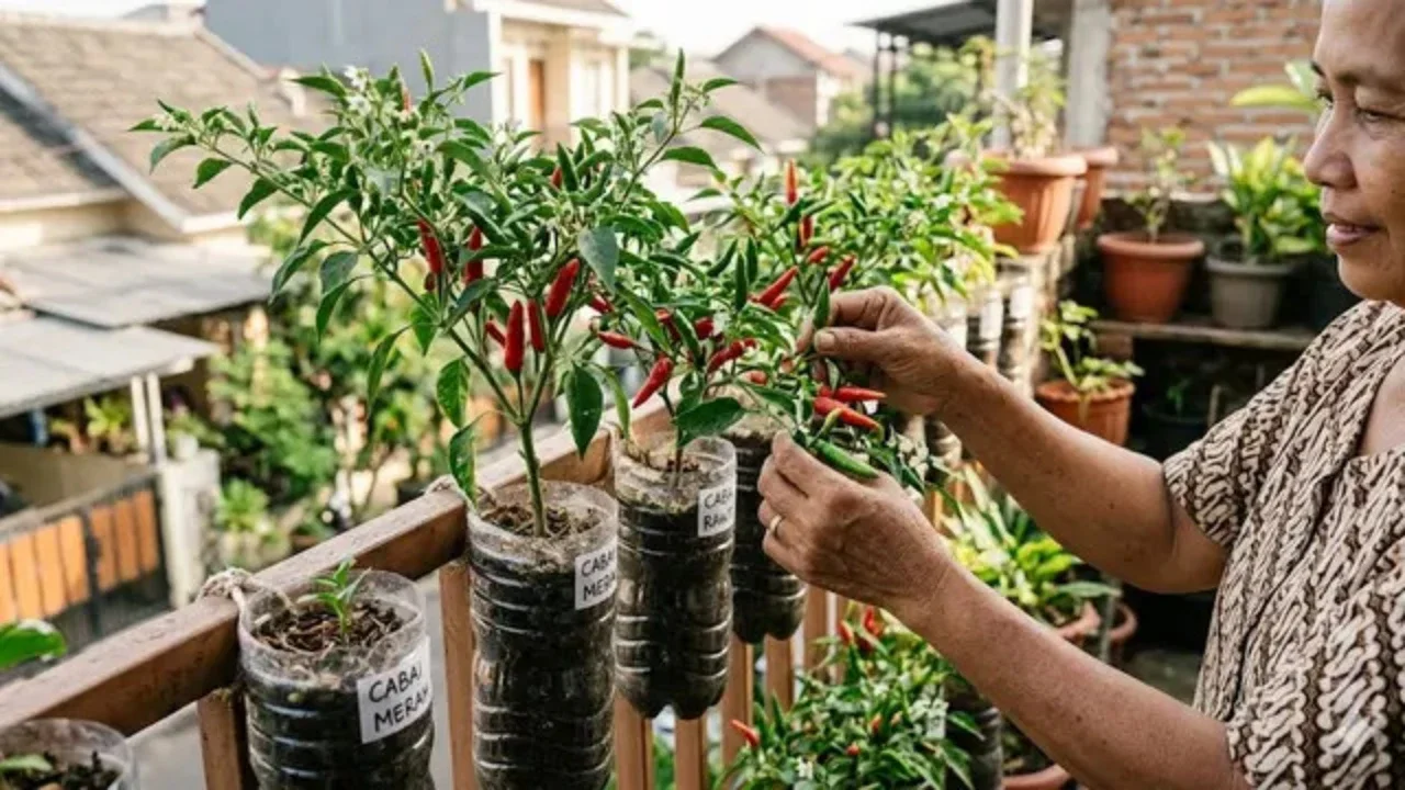 Cara menanam cabai di botol bekas agar berbuah lebat. (Gambar: AI Generated)