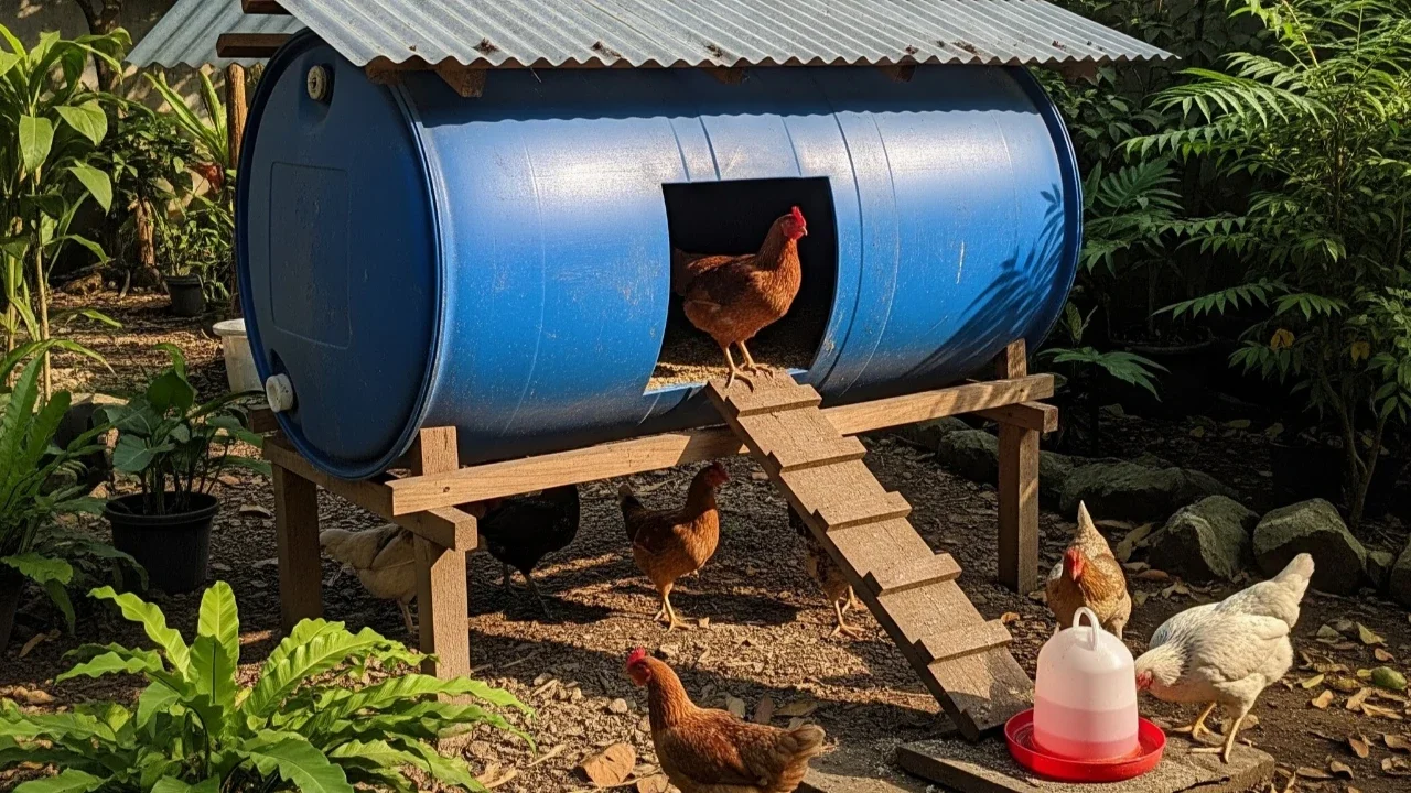 Cara Membuat Kandang Ayam dari Tong Air Bekas. (Foto: AI)