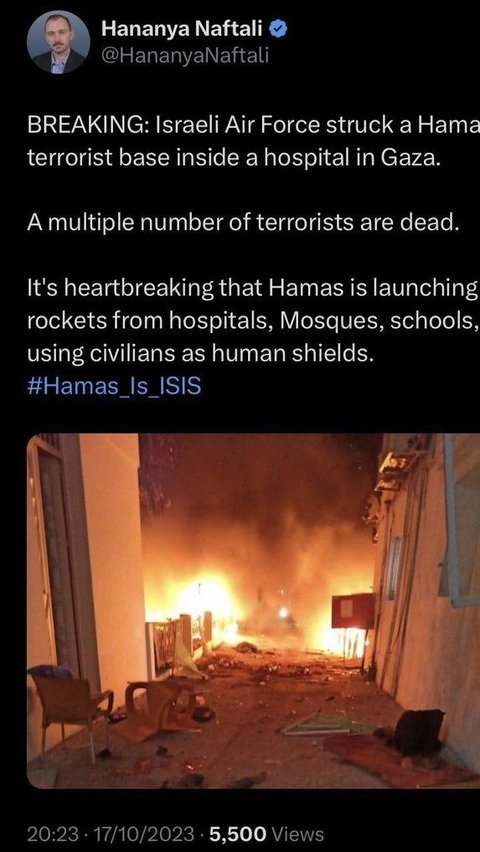 Naftali sebelumnya membagikan unggahan di akun X miliknya yang menuliskan: “BREAKING: Angkatan Udara Israel menyerang pangkalan militer Hamas di dalam sebuah rumah sakit di Gaza.”