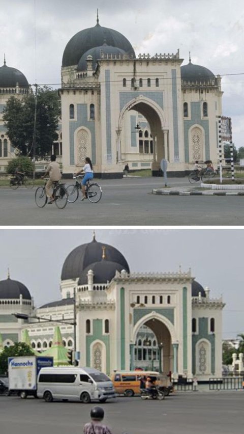 Salah satu ikon Kota Medan, Masjid Raya Al-Mashun tidak banyak perubahan dari tahun ke tahun. Seperti foto pada tahun 1969 dan sekarang, masih dengan warna dan bentuk bangunan yang mirip.<br>