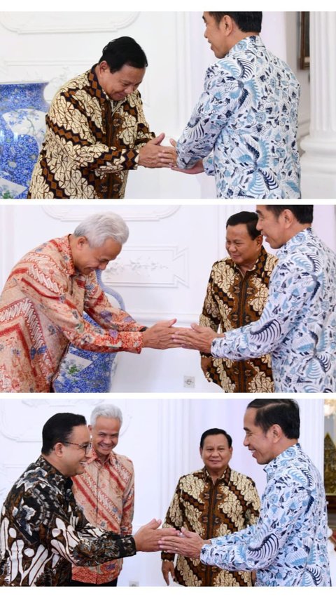 Namun, ada foto yang viral di media sosial, memperlihatkan ketiga bacapres itu sedang berjabatan tangan dengan Presiden Jokowi. <br>