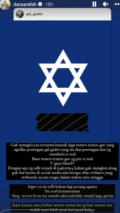 Teman-temannya Banyak Pro Israel, Dara Arafah: Apa Kalian Buta?