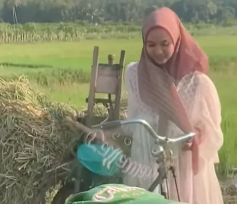 Moments of Beautiful Women Falling into the Paddy Field Due to Bringing a Bicycle