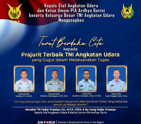 Akibat kecelakaan tersebut, 4 perwira terbaik Bangsa Indonesia dinyatakan gugur dalam melaksanakan tugas.