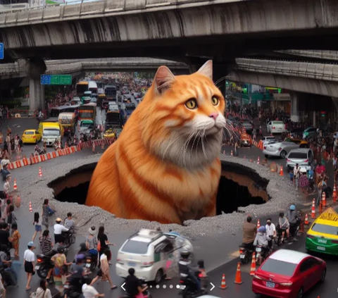10 Potret Kucing Raksasa Nongol di Lubang Jalan, Menggemaskan di Tengah